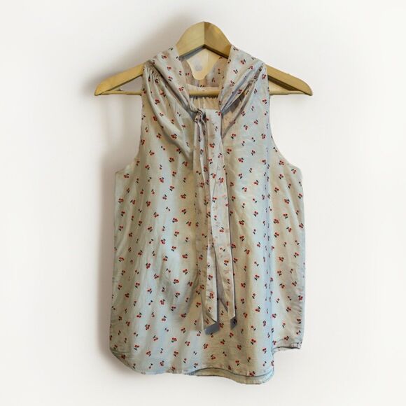 J.Crew Size 0 Cherry Print Sleeveless Tie Neck Cotton Silk Blouse Top - Picture 10 of 12